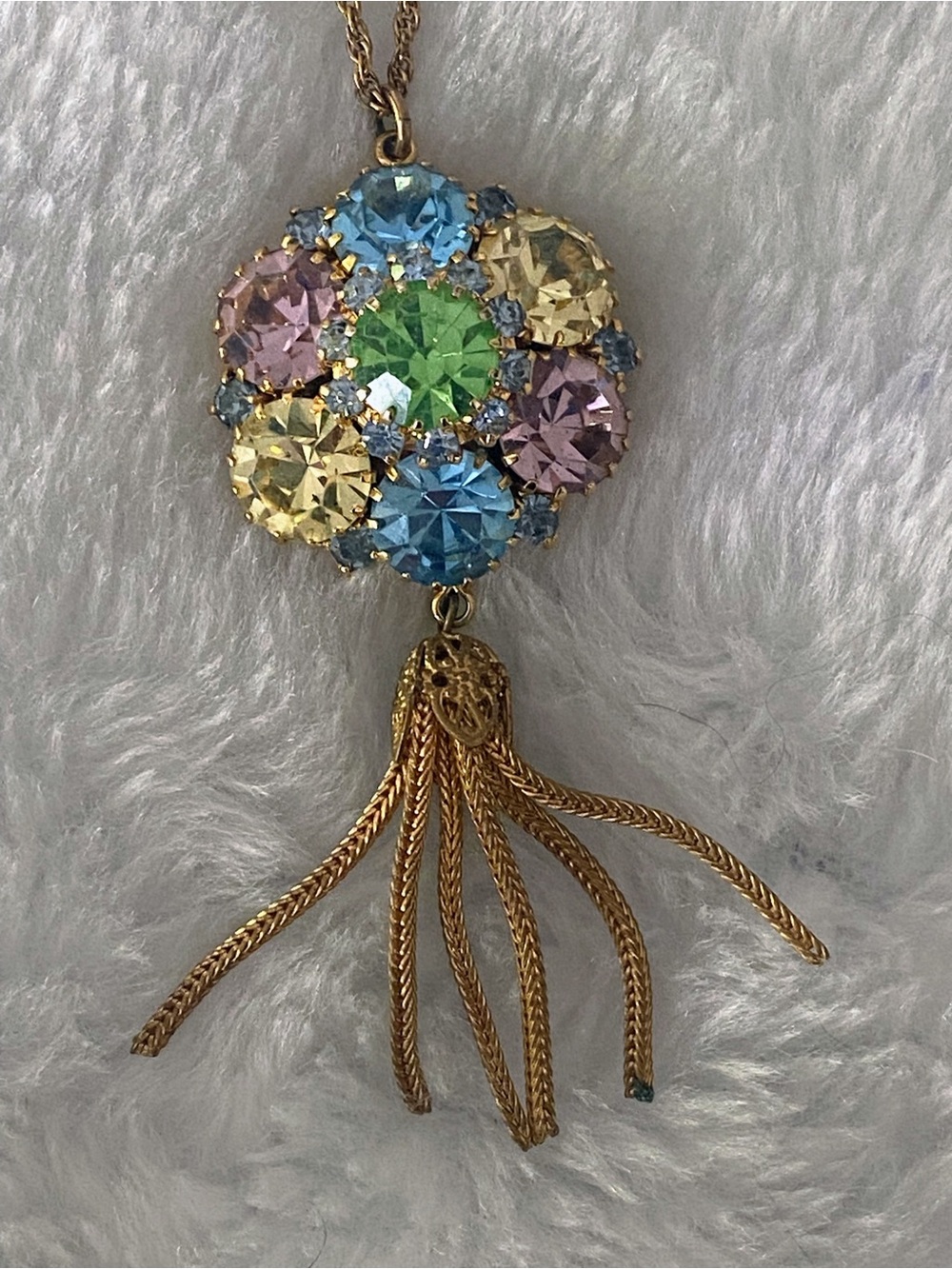 Vintage Gold-Tone Multicolor Rhinestone Pendant Necklace And Clip Earrings Set - Picture 3 of 12
